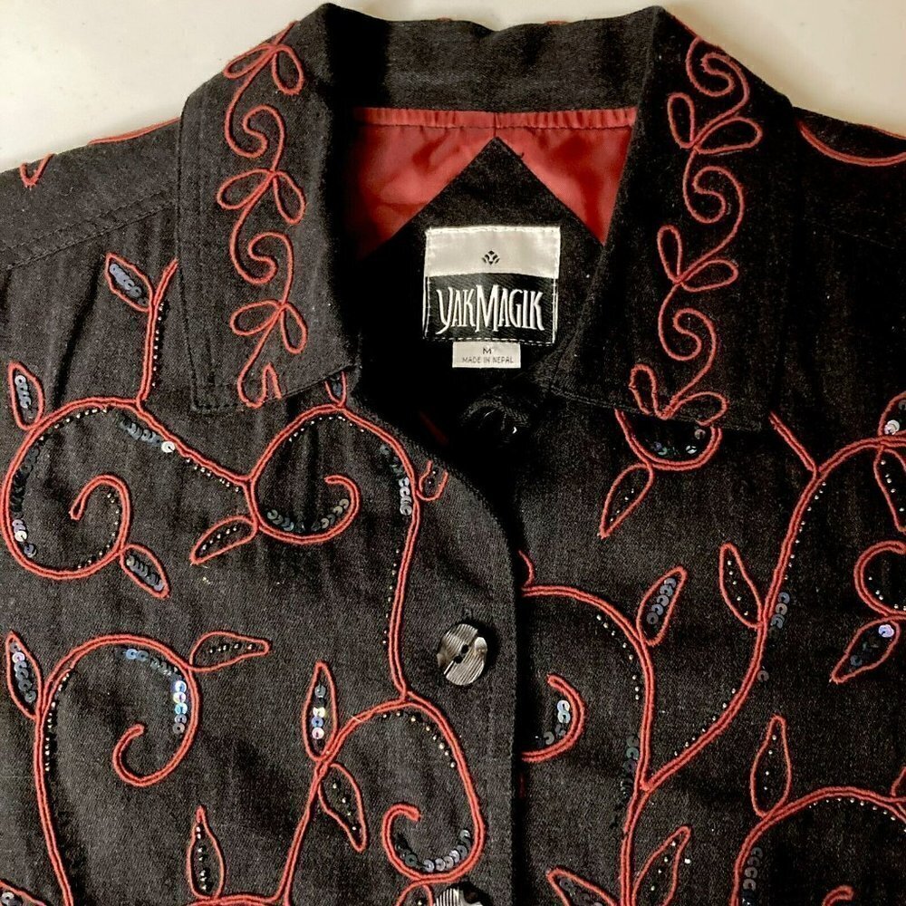 Vtg Yak Magik Jacket M Charcoal Black Red Embroidery Classic Whimsigoth Witchy